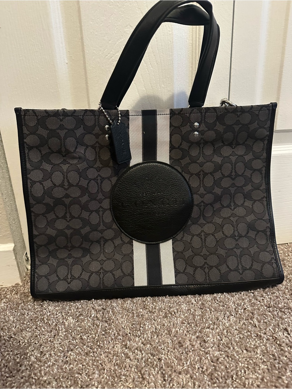 Coach Grey and Black Signature Stripe Tote